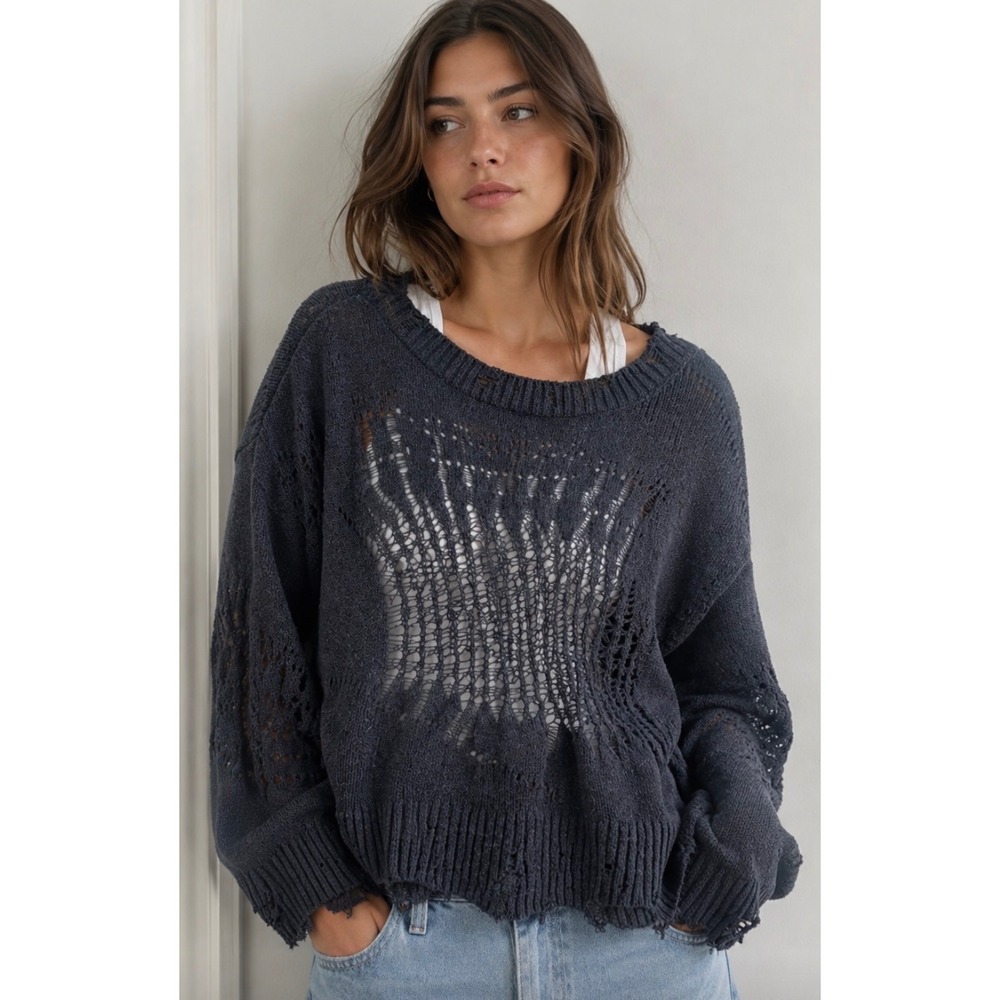 Zara Womens Distressed Open Knit Crochet Sweater Navy Grunge Size Medium.